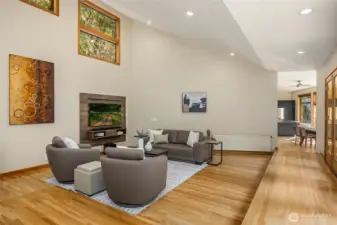 The large living room flows easily over to the kitchen and dining areas.