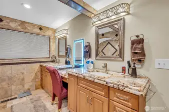6-Piece lavish luxury bath has travertine tiles and custom Becchio inlayed tiles, oversized walk-in shower, large luxury jacuzzi & bubble jetted tub is 43”W x 71”L, 2 separate sink/vanities with heated makeup mirror, Quartz countertop with gold flakes infused.