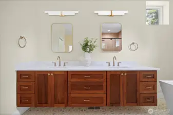 Spa dual vanity, solid wood cabinetry and soaking tub round out the perfect primary bathroom.