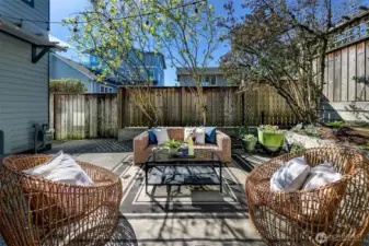 Awesome patio is private, low maintenance,   fully fenced, beautiful and spacious.