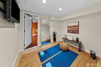 Great exercise / multi-purpose room in finished basement. Through the door is a fully outfitted wine cellar with a window that can be exposed if wanted to use as a bedroom of office.