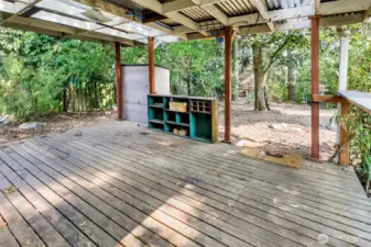 Grand back porch leads to a large lot with a studio with power