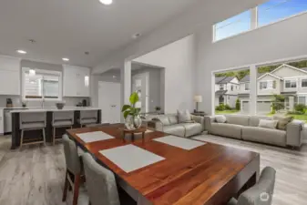 Living, dining, and kitchen spaces blend together, so conversations (and eye contact) aren’t cut off by walls.