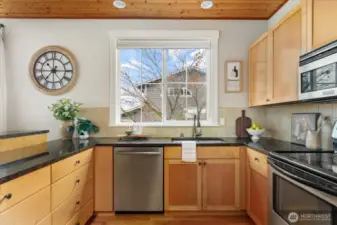 Plenty of work surfaces, refrigerator is behind you.