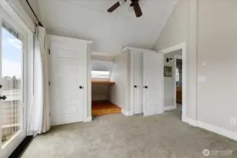 Nice use of space and daylight, closets and built-in desk tucked into the eaves.