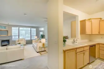 Kitchen looks out to Diining Area & Living Rm