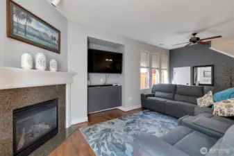 Built-in entertainment area and ceiling fan