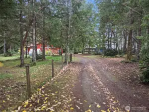 Pathway to the barn, shows one of the fenced pastures to the left.  There's electrical and water throughout the property for all your outdoor and animal needs.