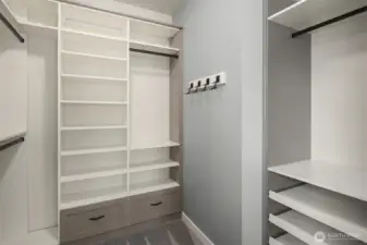 primary closet has closet organizer