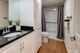 Guest bathroom is located around the corner from the guest bedroom.