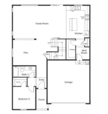 Main floor layout with bedroom and full bathroom, flex space and open concept living