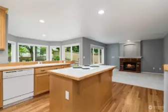The kitchen is centrally located on the main floor. The wall of windows overlooks the back yard.  The family room is straight ahead, with a cozy fireplace to entertain.