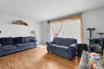 Front door opens into Living room with beautiful hardwood flooring.