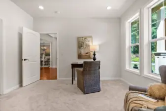 A front flex room can be utilized as an office or bedroom.  An ensuite 3/4 bathroom and walk in closet make this a perfect guest suite separate from the bedrooms on the other side of the house.