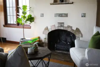 Batchelder art tile accented fireplace (unconfirmed)