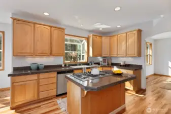Bright and sun-filled kitchen with generous countertop space for cooking and entertaining.