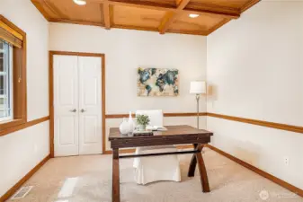 Front Den/Office. Note the hand-made wood coffered ceilings with inset lights. Gorgeous!