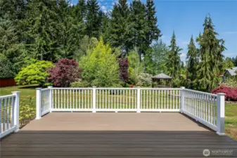 Expansive Trex deck with a private, tree-lined view—perfect for relaxing, entertaining, or soaking in the peaceful backyard setting.