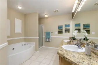 Primary 5-piece bathroom with tiled floor and granite countertop