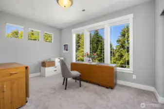 This light and bright corner room is the 3rd bedroom (large closet to the right), and is currently being used as our Seller's sewing/craft room.