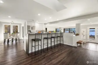 Kitchen with eating bar and views of Lake Washington