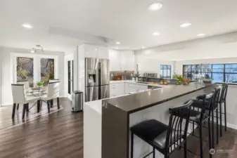 Kitchen with eating bar and views of Lake Washington