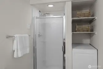 Shower in lower level bath with storage.
