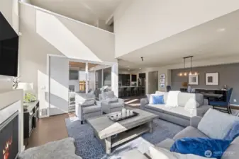 Great room with view of the dining and kitchen
