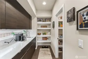 Butler's pantry with prep sink and walk in pantry to the right