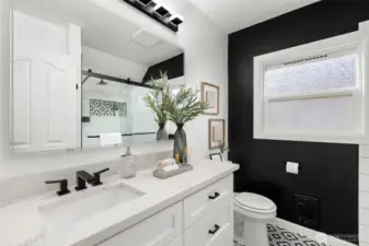 Guest Bathroom in hallway blends Modern and Classic perfectly.