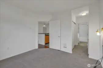 Primary bedroom is light and bright, has ensuite bath and large closet.