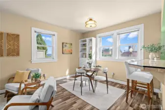 Looking from living entrance into dining and living area