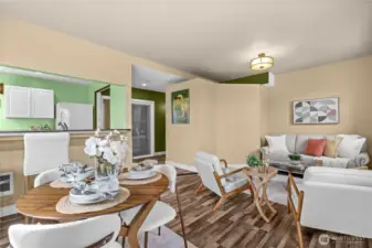 Living, dining, and kitchen from corner of the room