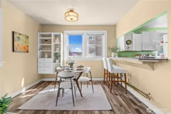 Looking onto dining and breakfast bar from living area