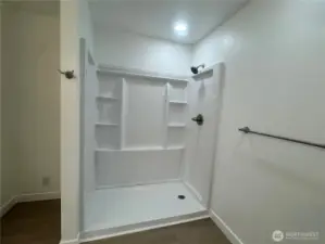 The shower in the primary bathroom.