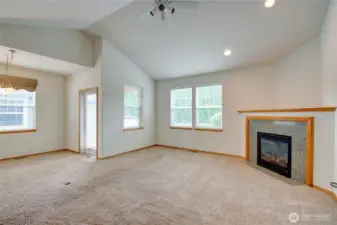 Large open living room with gas fireplace