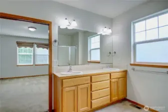 Primary bathroom with double vanity.