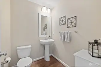 Powder room on main level. There is a large storage closet next door that extends underneath the stairs.