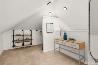 Tucked away nook provides flexibility for an office desk or vanity.