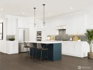 Rendering of the gourmet kitchen offers a center island with an eating bar, quartz countertops, and a large walk-in pantry.