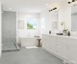 Rendering of the inviting primary spa-like bathroom with free-standing tub, designer tiled walk-in shower, and a dual-sink vanity with stylish quartz countertops.