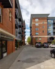 Parking lot to the rear of the complex.