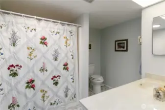Spacious guest bathroom with full tub/shower and ample vanity space.