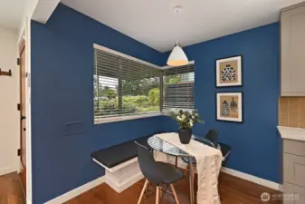 Dining area with convenient built-in seating.