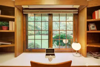 Bedroom #3 with office built-ins and gorgeous view of beautiful yard