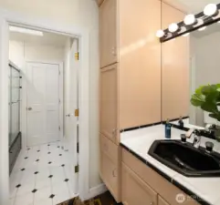 The Jack-and-Jill bath offers refined comfort and convenience for overnight guests.