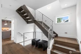 Wood and steel staircase.
