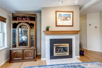 Cozy propane gas fireplace.