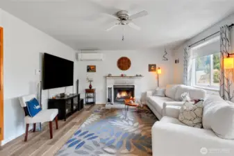 Family room with ductless heating/cooling and ceiling fan.