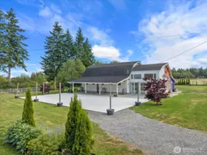 Barn-style pole building with expansive patio ready for weddings, events and gatherings!